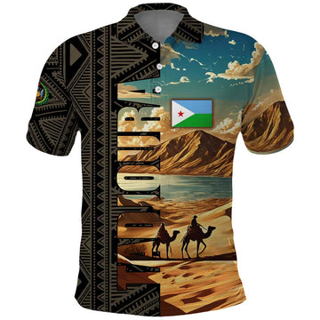 Djibouti Desert Landscape Tadjoura Polo Shirt with Camel Riders and Tribal Pattern Design TS04