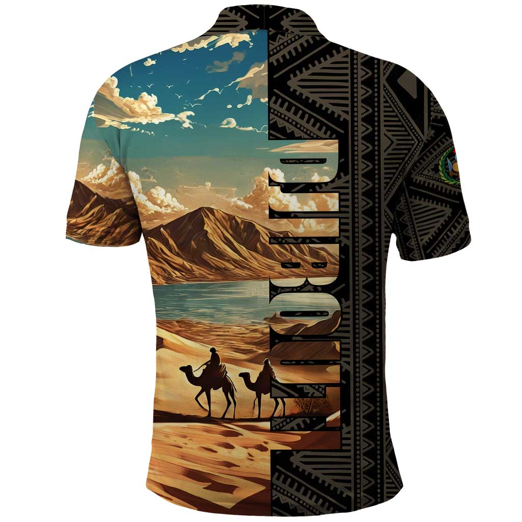 Djibouti Desert Landscape Tadjoura Polo Shirt with Camel Riders and Tribal Pattern Design TS04
