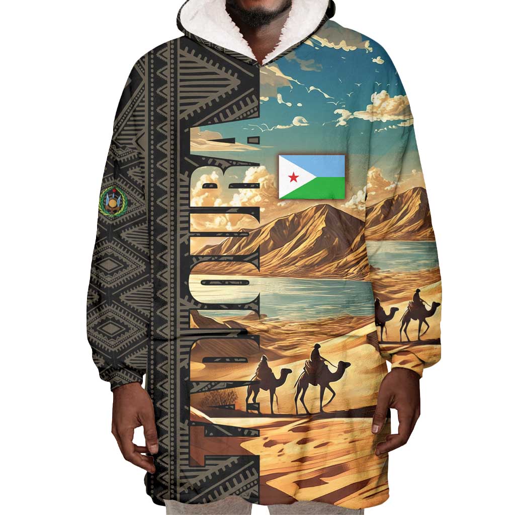 Djibouti Desert Wearable Blanket Hoodie Camel Riders and African Pattern TS04