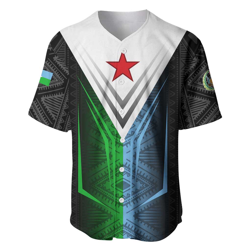Djibouti Africa Baseball Jersey Tribal Geometry Meets National Colors and Red Star Boldness TS04