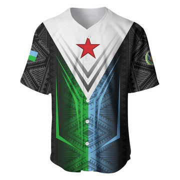 Djibouti Africa Baseball Jersey Tribal Geometry Meets National Colors and Red Star Boldness TS04