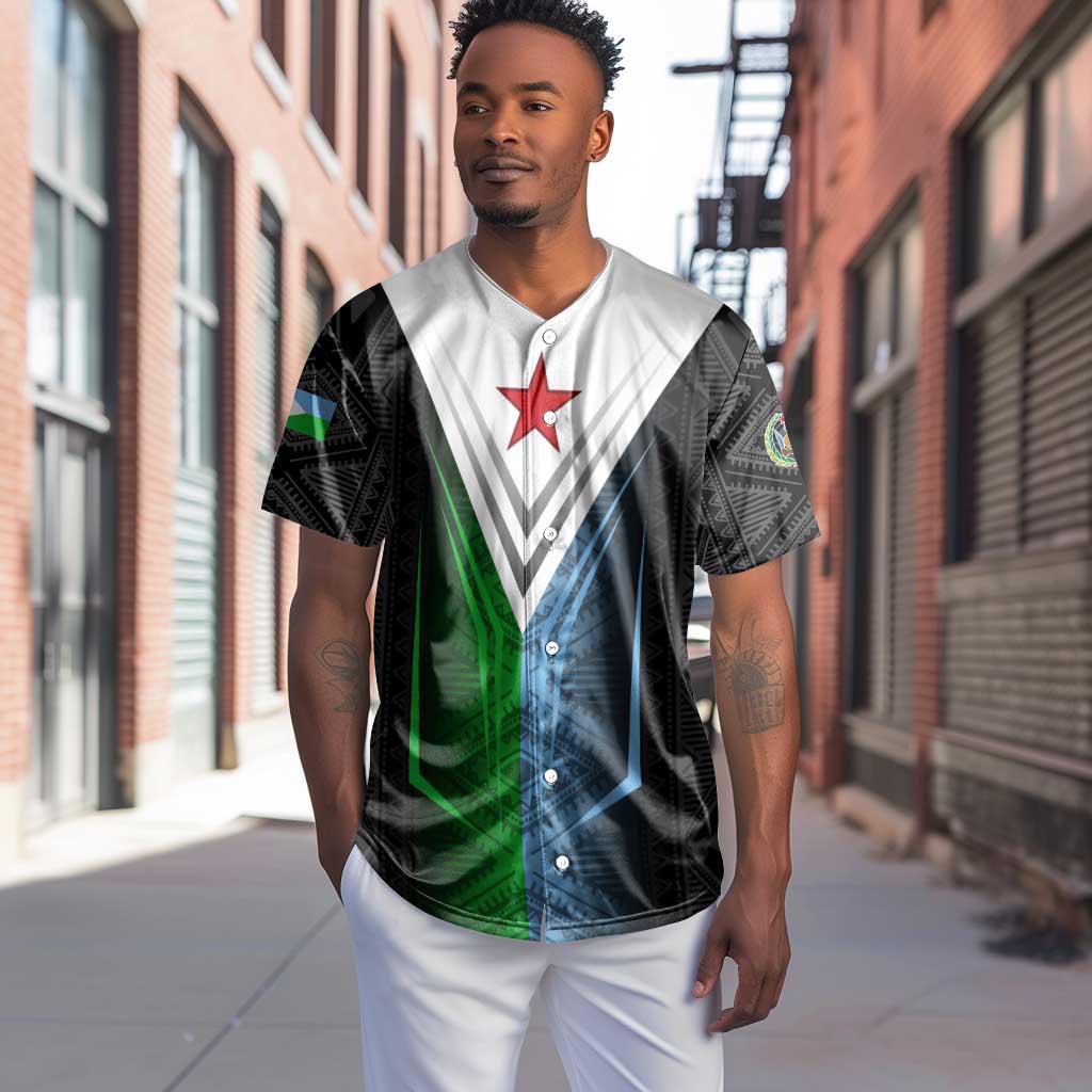 Djibouti Africa Baseball Jersey Tribal Geometry Meets National Colors and Red Star Boldness TS04