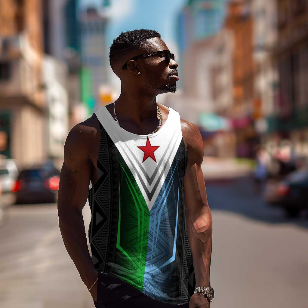 Djibouti Africa Men Tank Top Tribal Geometry Meets National Colors and Red Star Boldness TS04