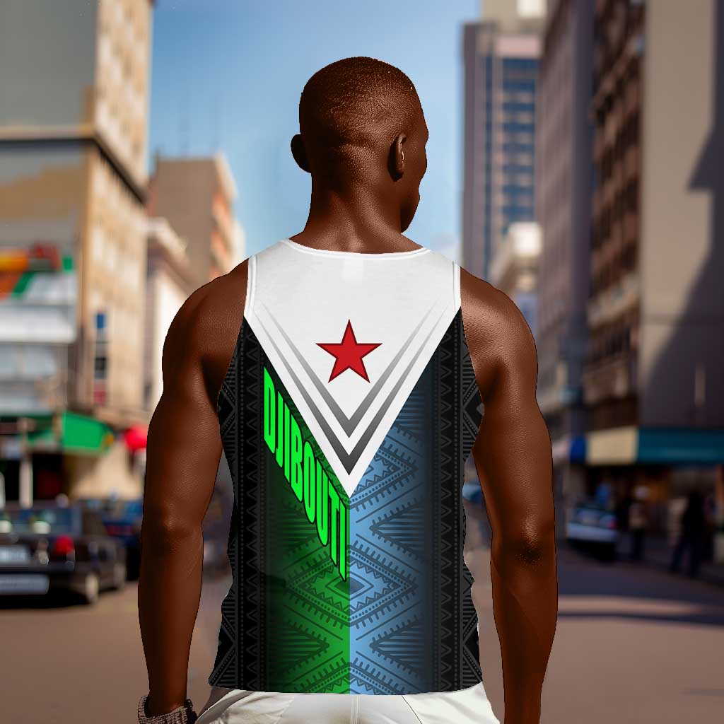 Djibouti Africa Men Tank Top Tribal Geometry Meets National Colors and Red Star Boldness TS04