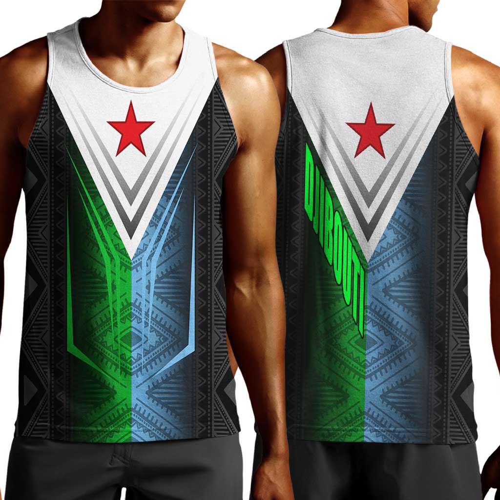 Djibouti Africa Men Tank Top Tribal Geometry Meets National Colors and Red Star Boldness TS04