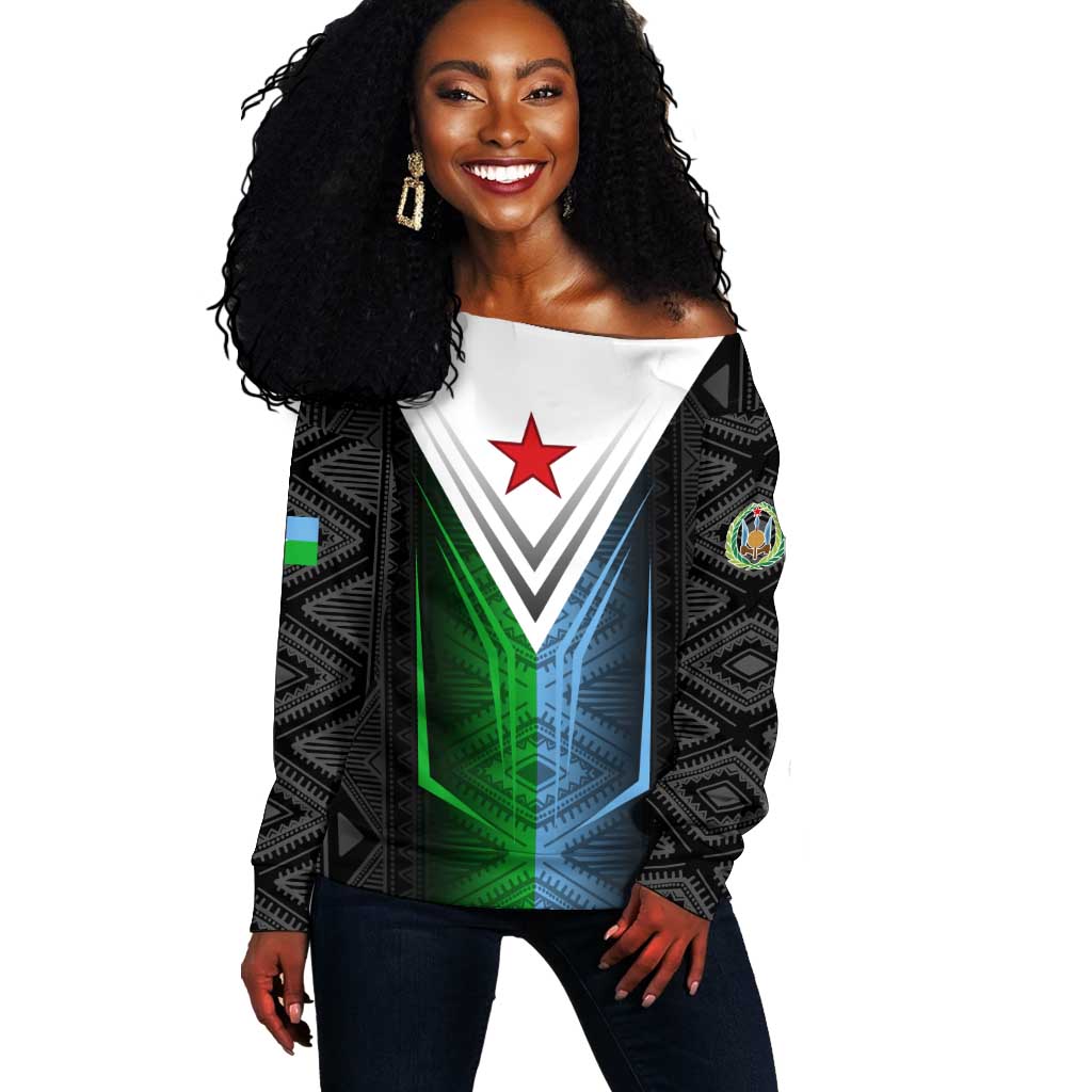 Djibouti Africa Off Shoulder Sweater Tribal Geometry Meets National Colors and Red Star Boldness TS04