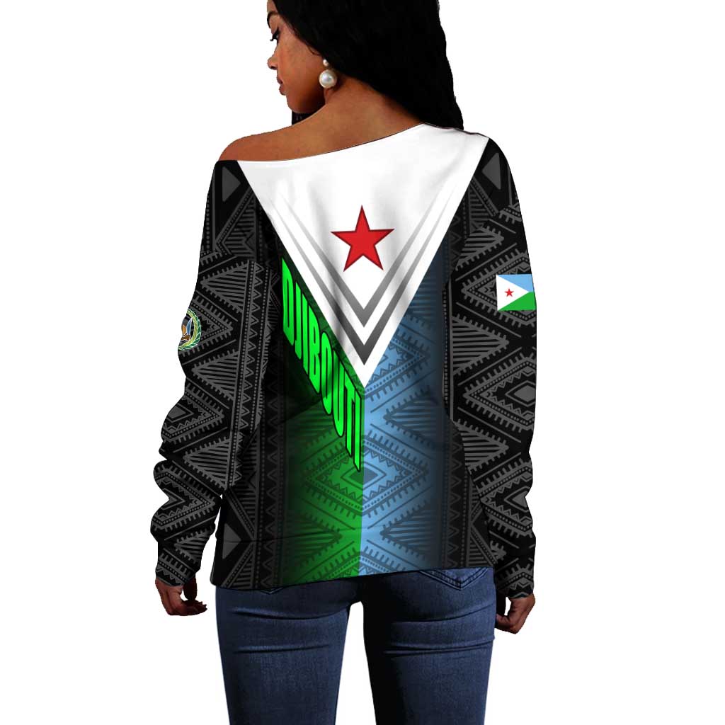 Djibouti Africa Off Shoulder Sweater Tribal Geometry Meets National Colors and Red Star Boldness TS04