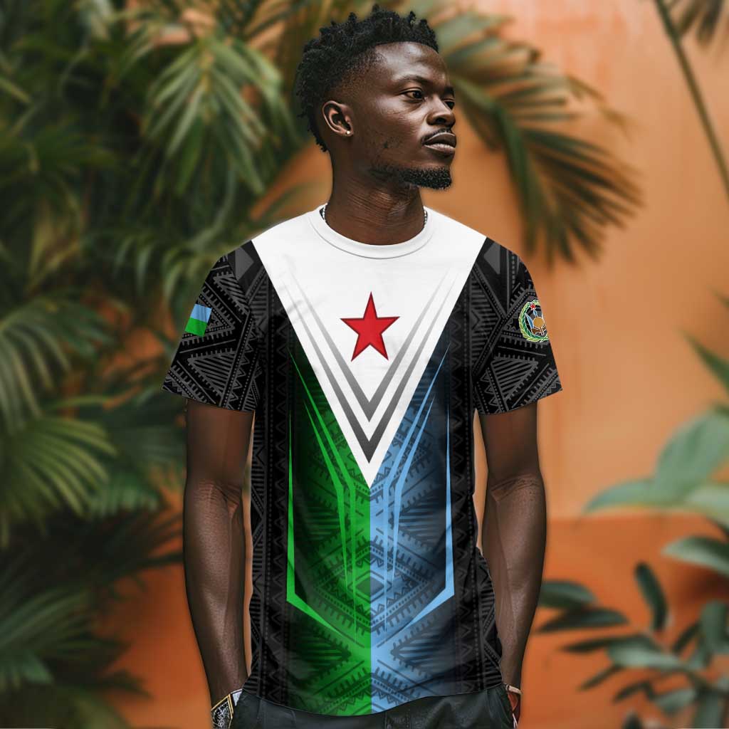 Djibouti Africa T shirt Tribal Geometry Meets National Colors and Red Star Boldness TS04