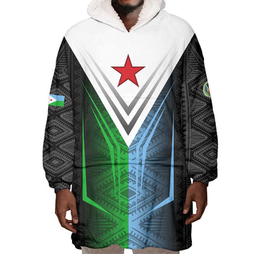 Djibouti Africa Wearable Blanket Hoodie Tribal Geometry Meets National Colors and Red Star Boldness TS04
