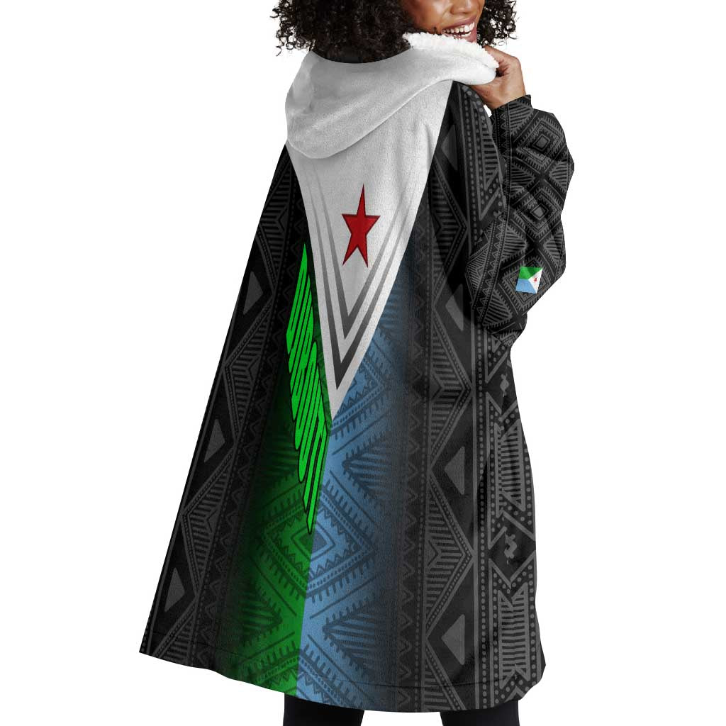 Djibouti Africa Wearable Blanket Hoodie Tribal Geometry Meets National Colors and Red Star Boldness TS04