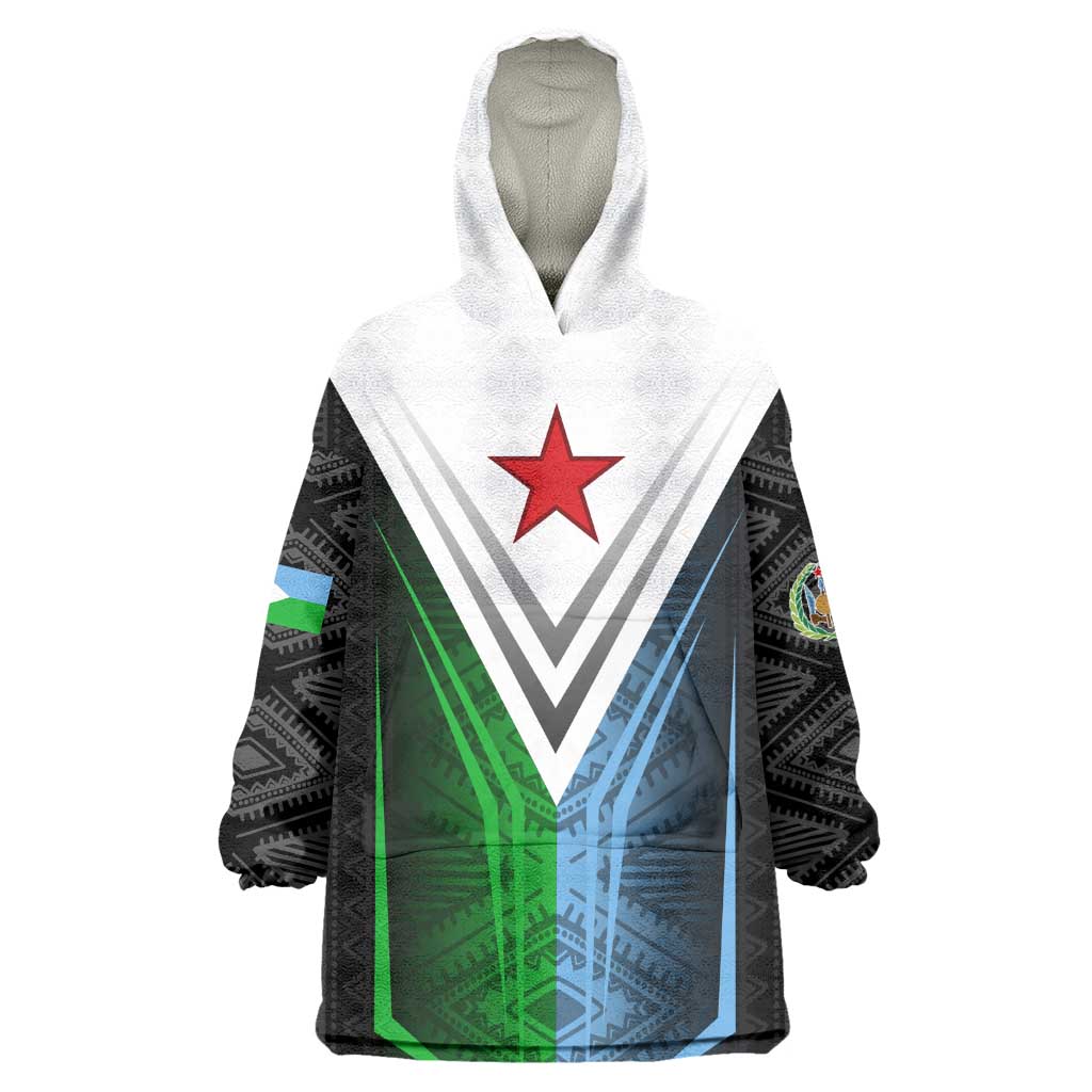 Djibouti Africa Wearable Blanket Hoodie Tribal Geometry Meets National Colors and Red Star Boldness TS04