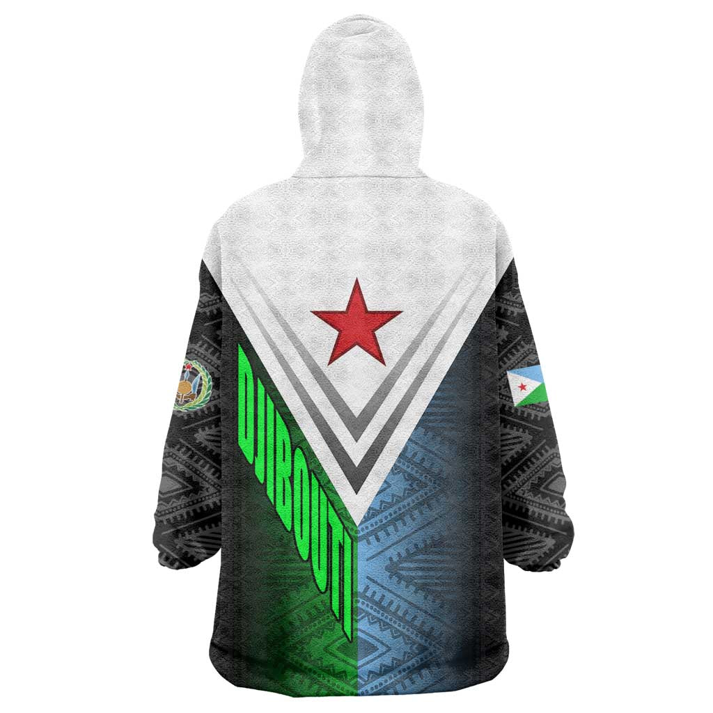 Djibouti Africa Wearable Blanket Hoodie Tribal Geometry Meets National Colors and Red Star Boldness TS04
