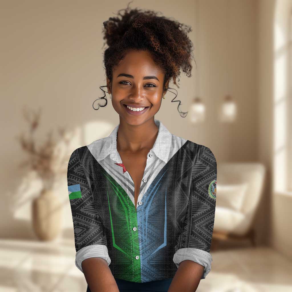 Djibouti Africa Women Casual Shirt Tribal Geometry Meets National Colors and Red Star Boldness TS04