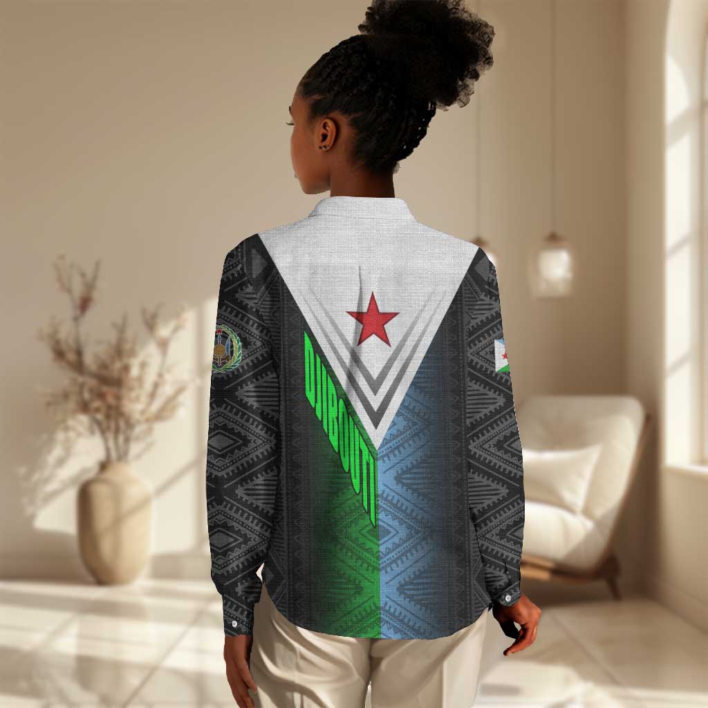 Djibouti Africa Women Casual Shirt Tribal Geometry Meets National Colors and Red Star Boldness TS04