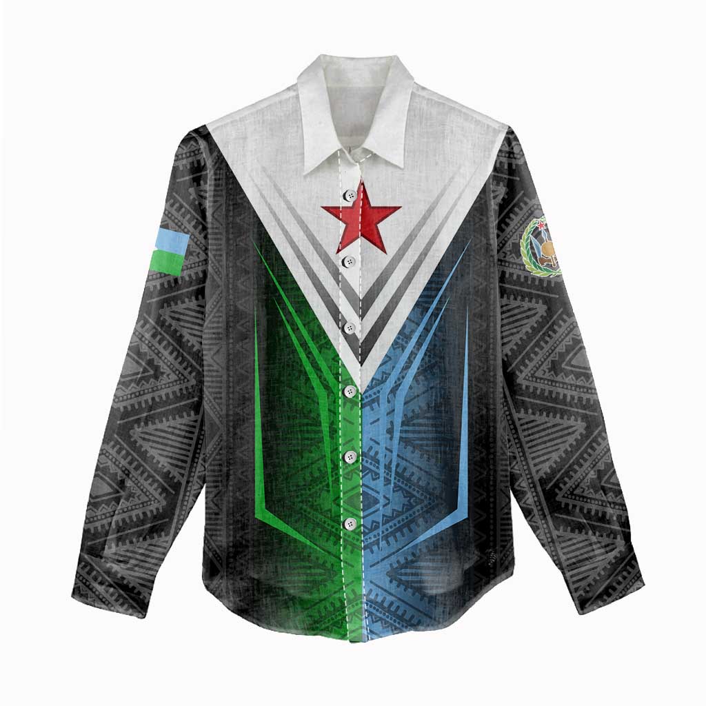 Djibouti Africa Women Casual Shirt Tribal Geometry Meets National Colors and Red Star Boldness TS04