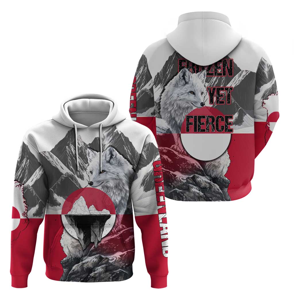 Greenland Hoodie with Arctic Fox, Mountains, and Frozen Yet Fierce Text Design TS04