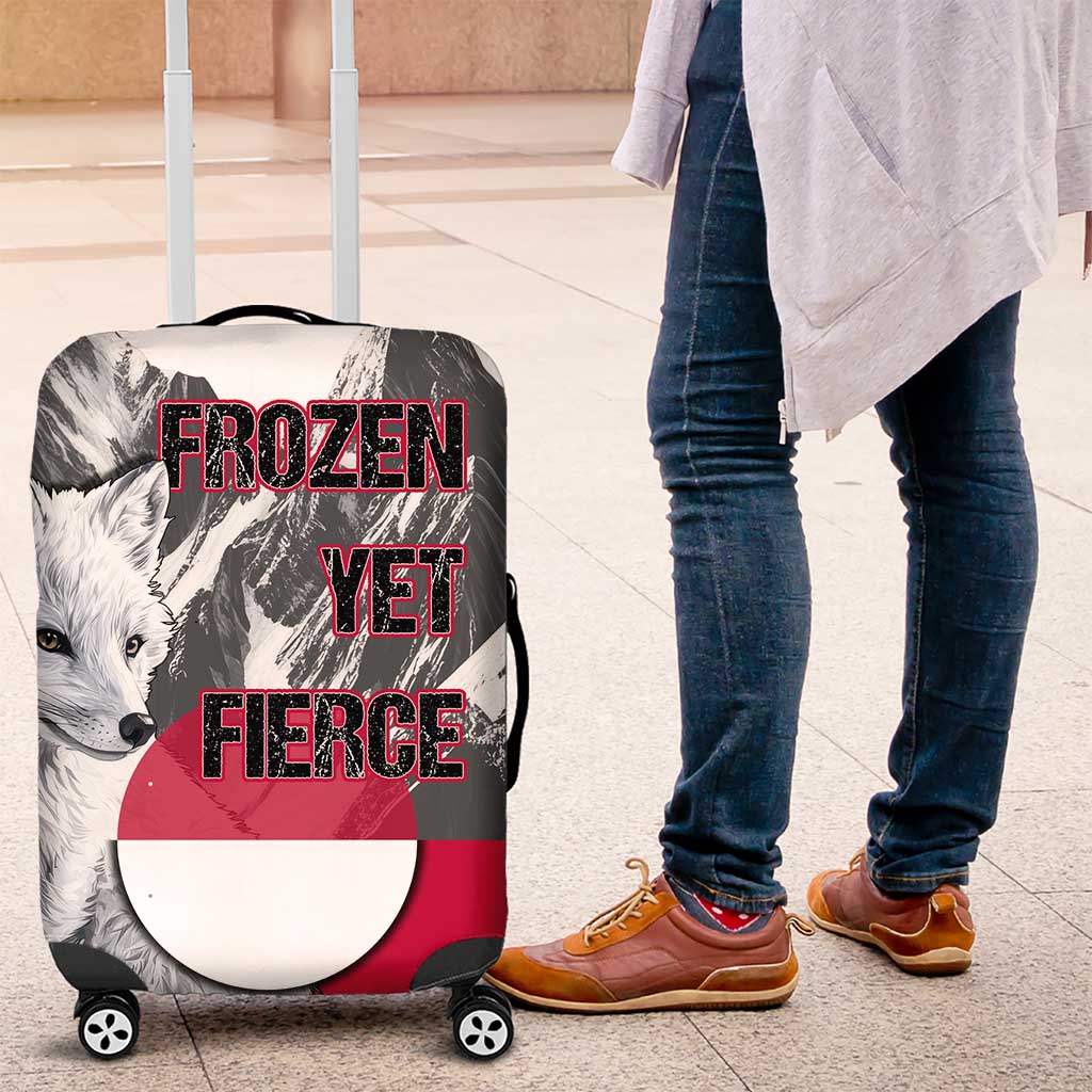 Greenland Luggage Cover with Arctic Fox, Mountains, and Frozen Yet Fierce Text Design TS04