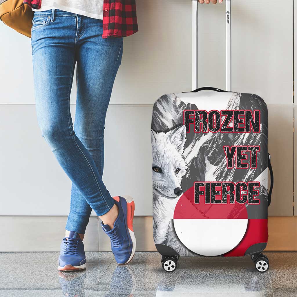 Greenland Luggage Cover with Arctic Fox, Mountains, and Frozen Yet Fierce Text Design TS04