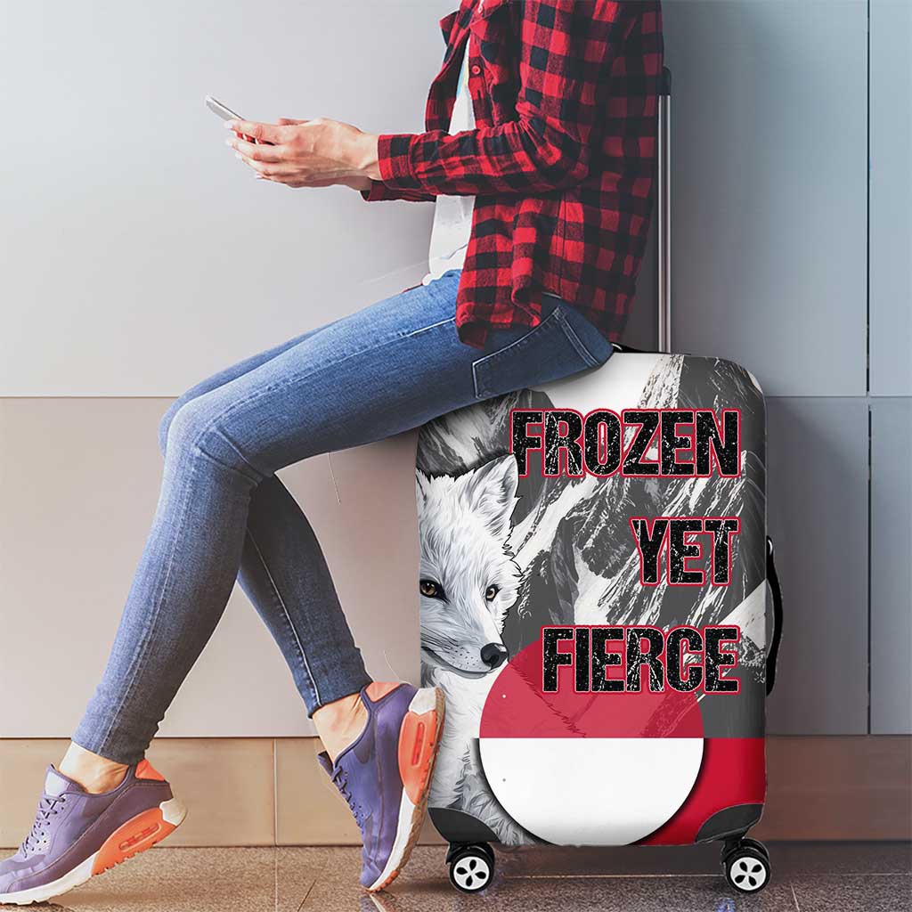 Greenland Luggage Cover with Arctic Fox, Mountains, and Frozen Yet Fierce Text Design TS04