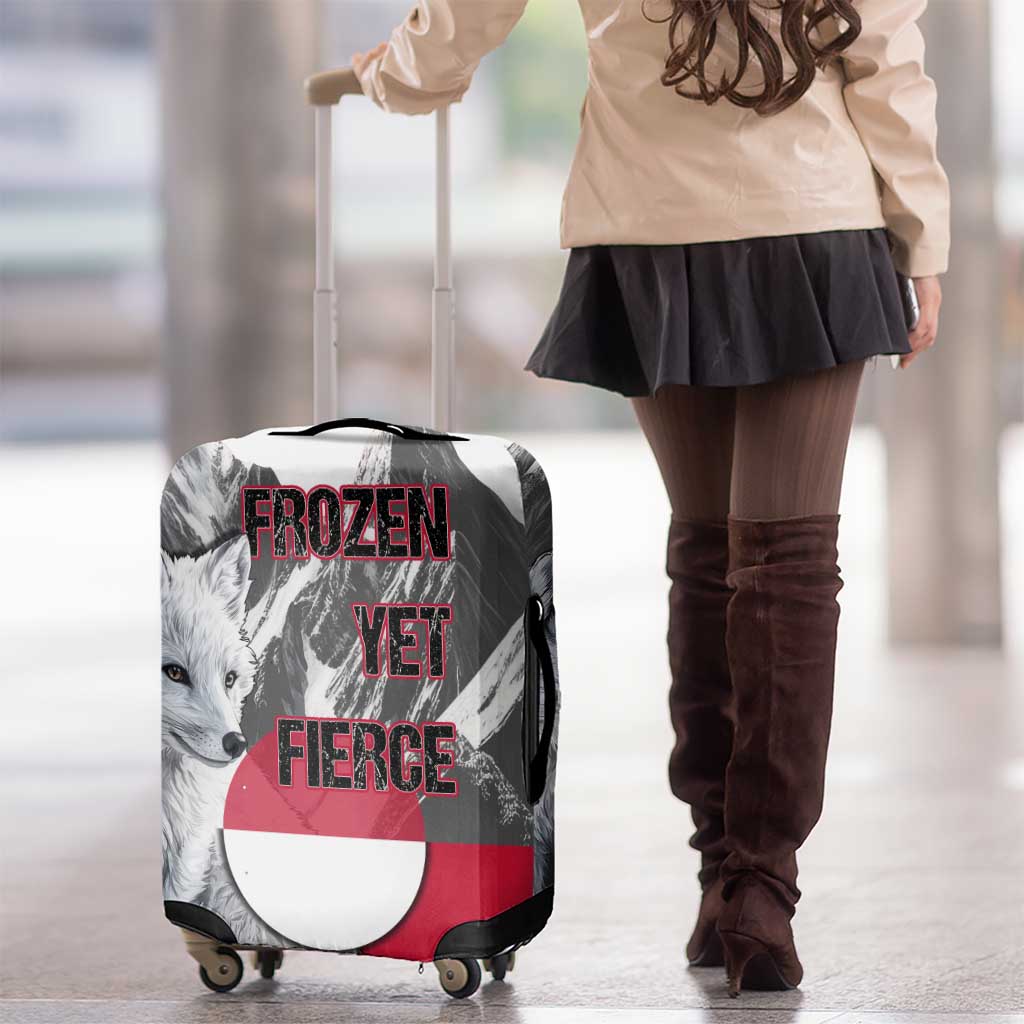 Greenland Luggage Cover with Arctic Fox, Mountains, and Frozen Yet Fierce Text Design TS04