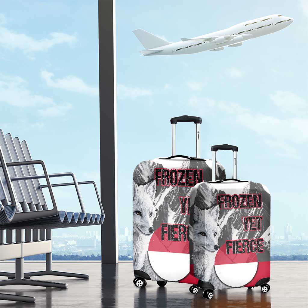 Greenland Luggage Cover with Arctic Fox, Mountains, and Frozen Yet Fierce Text Design TS04