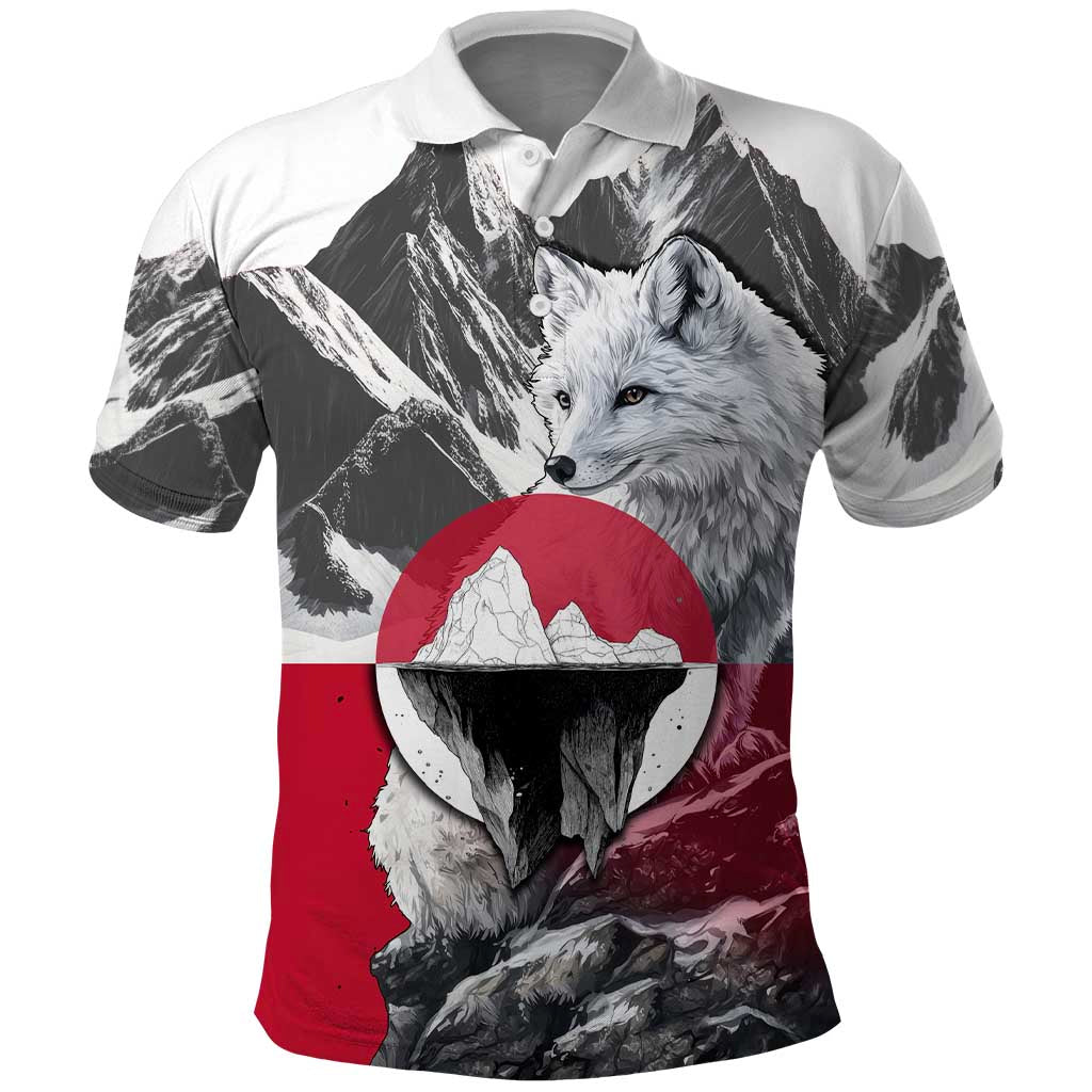 Greenland Polo Shirt with Arctic Fox, Mountains, and Frozen Yet Fierce Text Design TS04