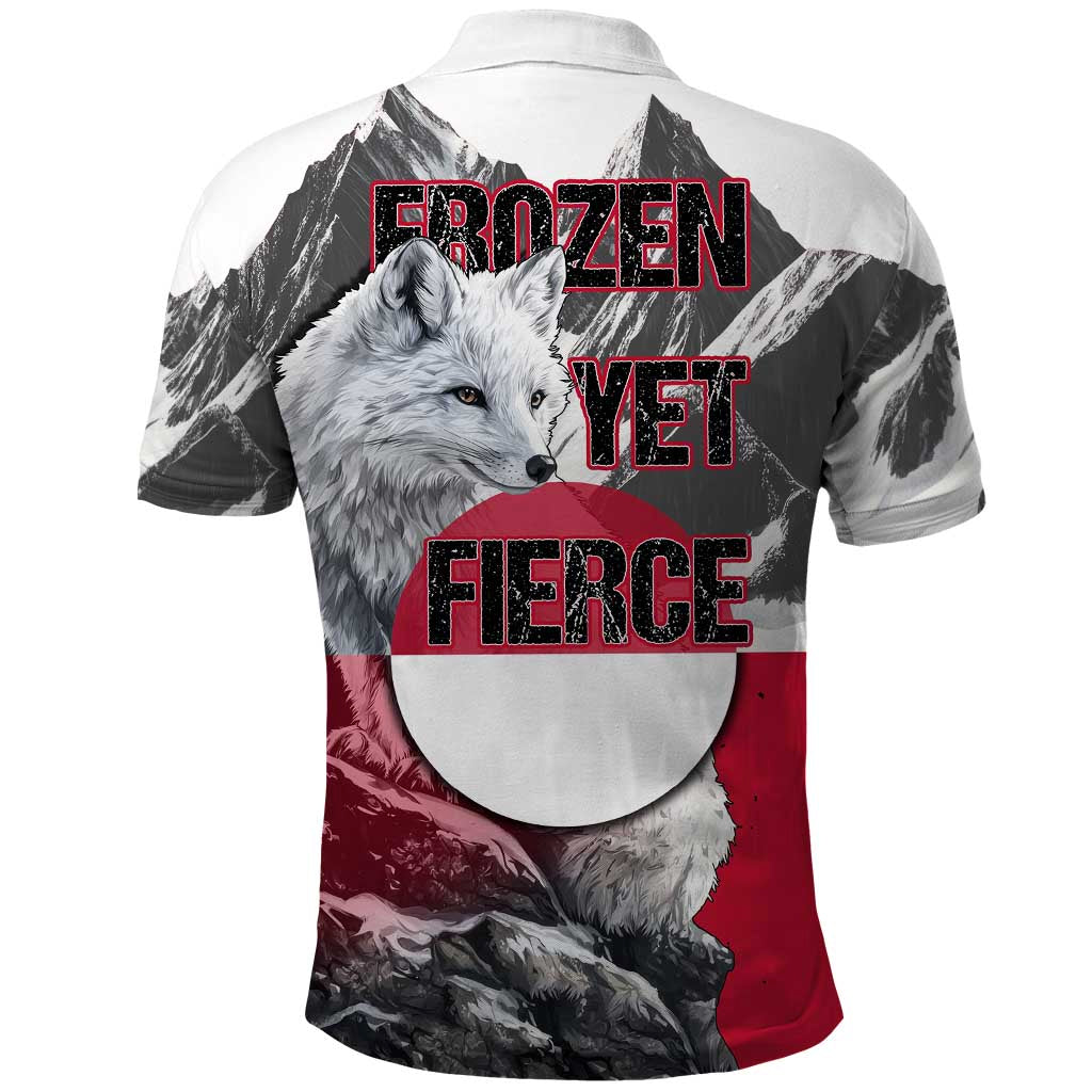 Greenland Polo Shirt with Arctic Fox, Mountains, and Frozen Yet Fierce Text Design TS04