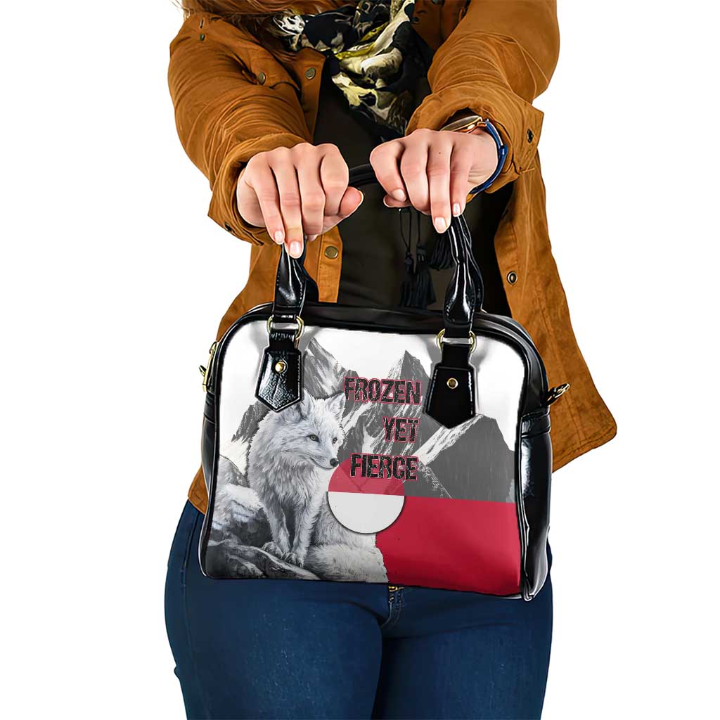 Greenland Shoulder Handbag with Arctic Fox, Mountains, and Frozen Yet Fierce Text Design TS04