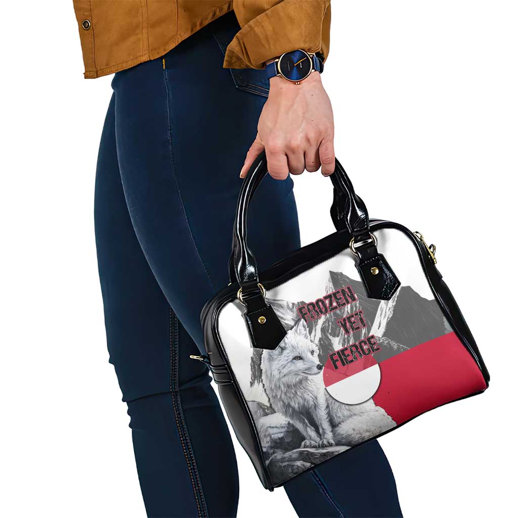 Greenland Shoulder Handbag with Arctic Fox, Mountains, and Frozen Yet Fierce Text Design TS04
