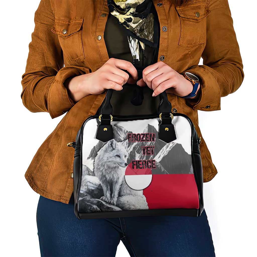 Greenland Shoulder Handbag with Arctic Fox, Mountains, and Frozen Yet Fierce Text Design TS04