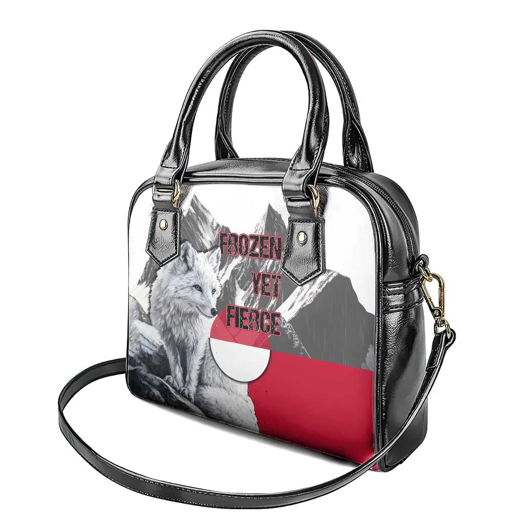 Greenland Shoulder Handbag with Arctic Fox, Mountains, and Frozen Yet Fierce Text Design TS04