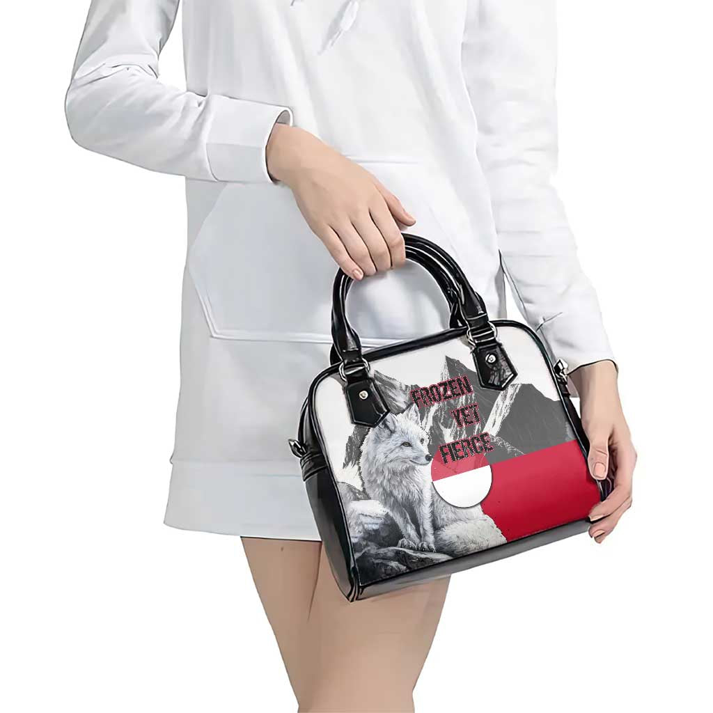 Greenland Shoulder Handbag with Arctic Fox, Mountains, and Frozen Yet Fierce Text Design TS04