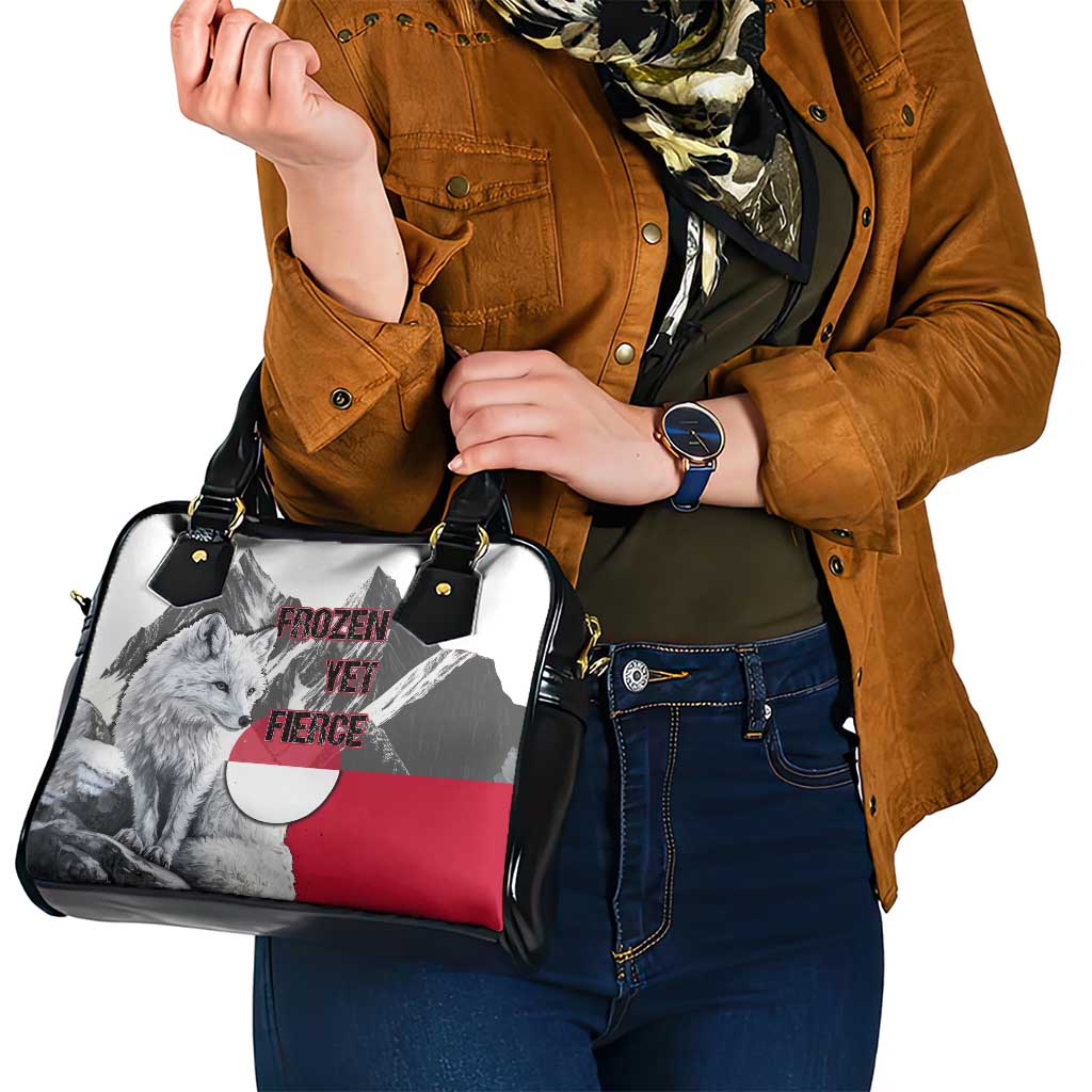 Greenland Shoulder Handbag with Arctic Fox, Mountains, and Frozen Yet Fierce Text Design TS04