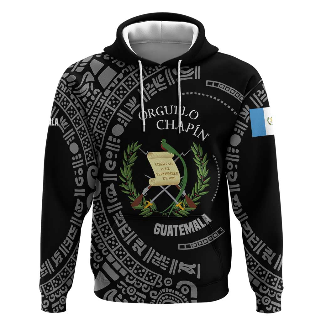 Guatemala National Emblem Hoodie with Mayan Pattern and Orgullo Chapin Quote Design TS04