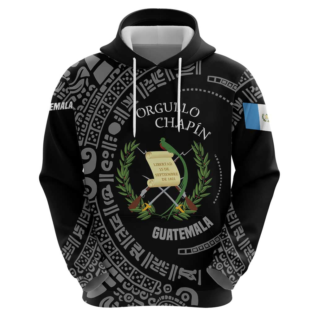 Guatemala National Emblem Hoodie with Mayan Pattern and Orgullo Chapin Quote Design TS04