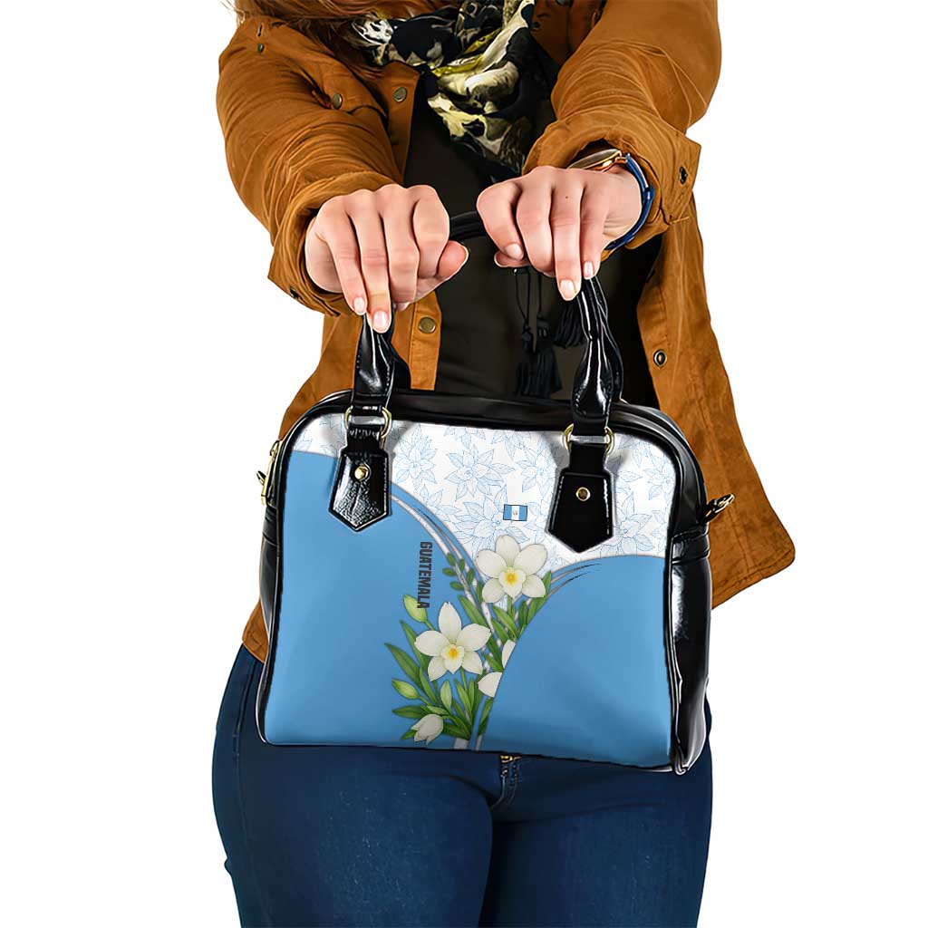 Guatemala White Monja Blanca Flower Shoulder Handbag with Blue Flag Theme and Floral Pattern Design TS04