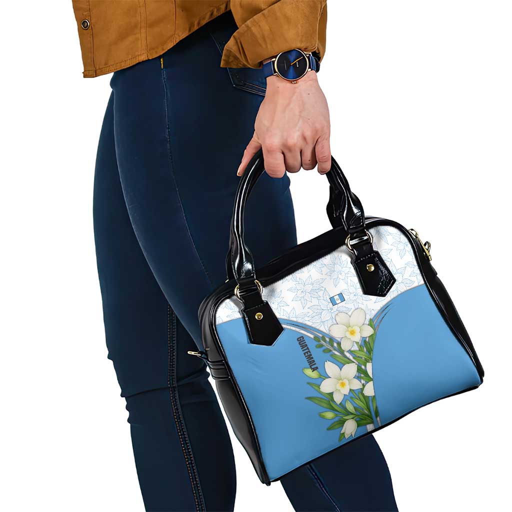 Guatemala White Monja Blanca Flower Shoulder Handbag with Blue Flag Theme and Floral Pattern Design TS04