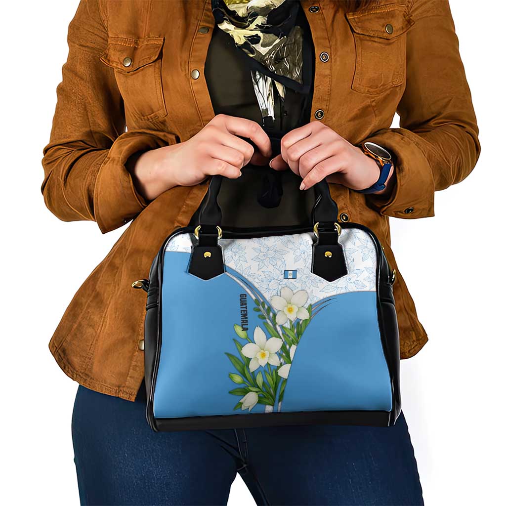 Guatemala White Monja Blanca Flower Shoulder Handbag with Blue Flag Theme and Floral Pattern Design TS04