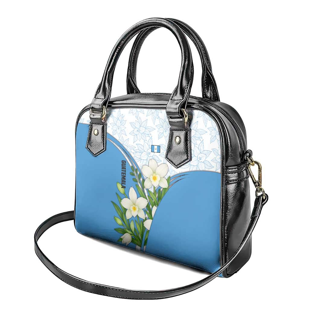 Guatemala White Monja Blanca Flower Shoulder Handbag with Blue Flag Theme and Floral Pattern Design TS04