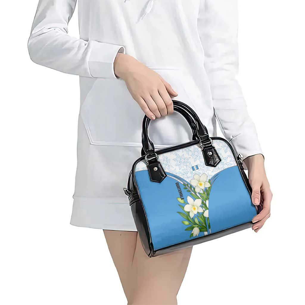Guatemala White Monja Blanca Flower Shoulder Handbag with Blue Flag Theme and Floral Pattern Design TS04