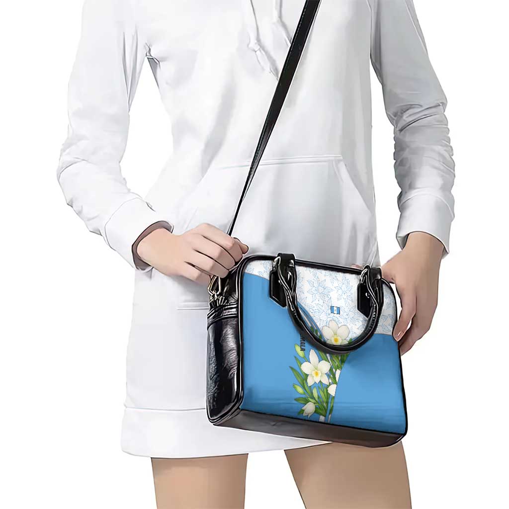 Guatemala White Monja Blanca Flower Shoulder Handbag with Blue Flag Theme and Floral Pattern Design TS04