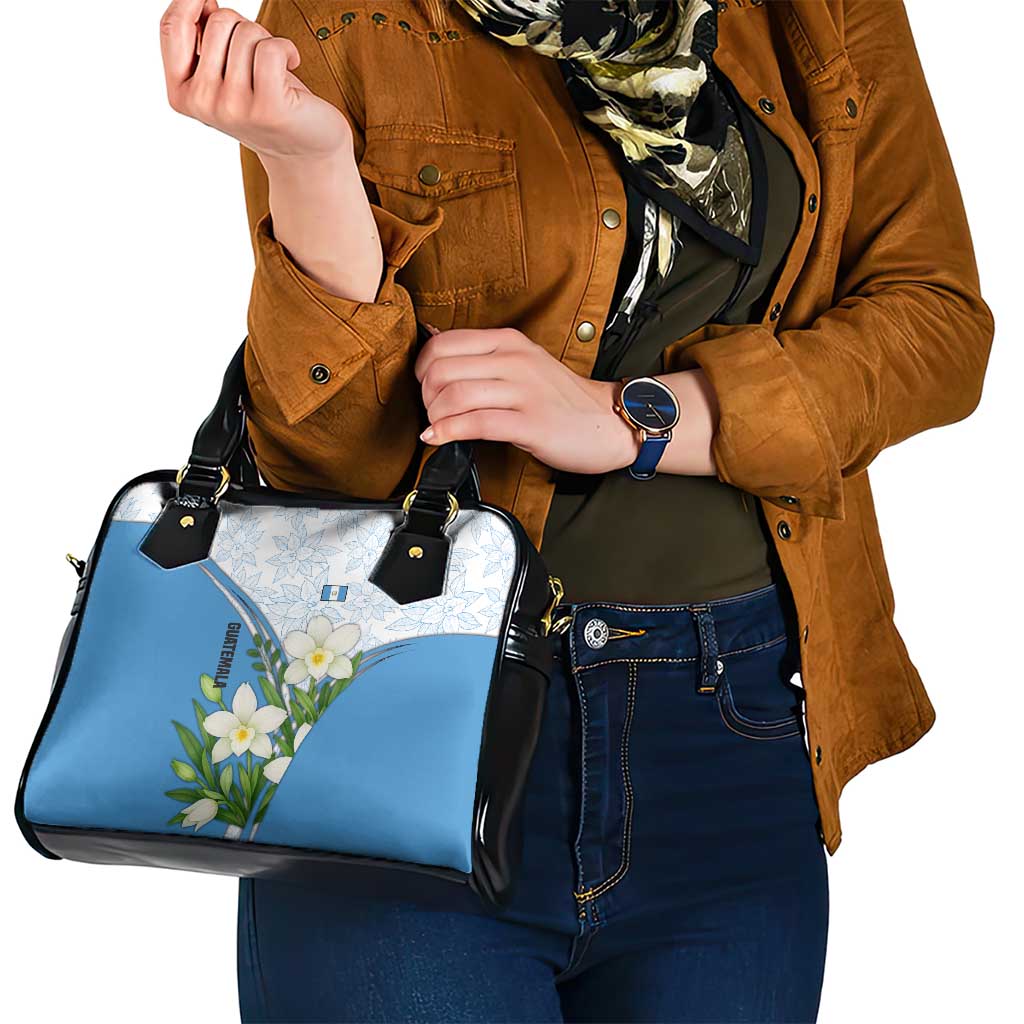 Guatemala White Monja Blanca Flower Shoulder Handbag with Blue Flag Theme and Floral Pattern Design TS04