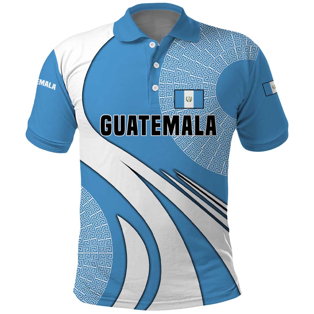 Guatemala Flag Map Polo Shirt with Blue White Swirl and Geometric Pattern Design TS04