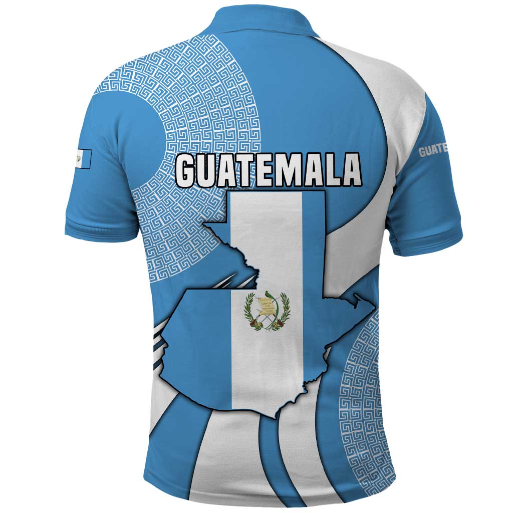 Guatemala Flag Map Polo Shirt with Blue White Swirl and Geometric Pattern Design TS04