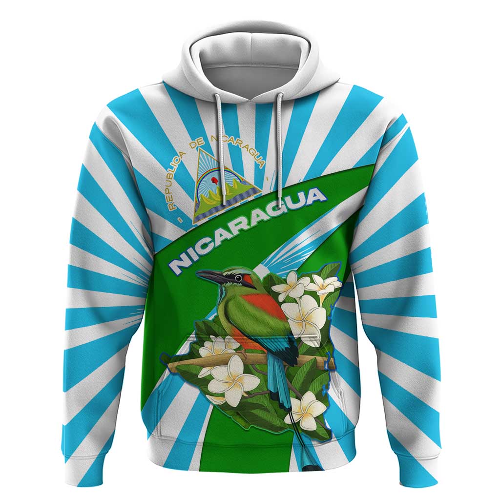 Nicaragua National Bird Hoodie with White Flor de Sacuanjoche and Blue Stripe Design TS04