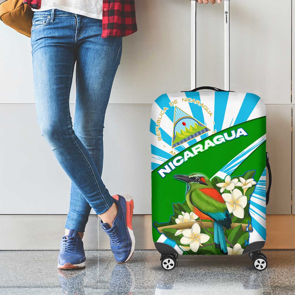 Nicaragua National Bird Luggage Cover with White Flor de Sacuanjoche and Blue Stripe Design TS04