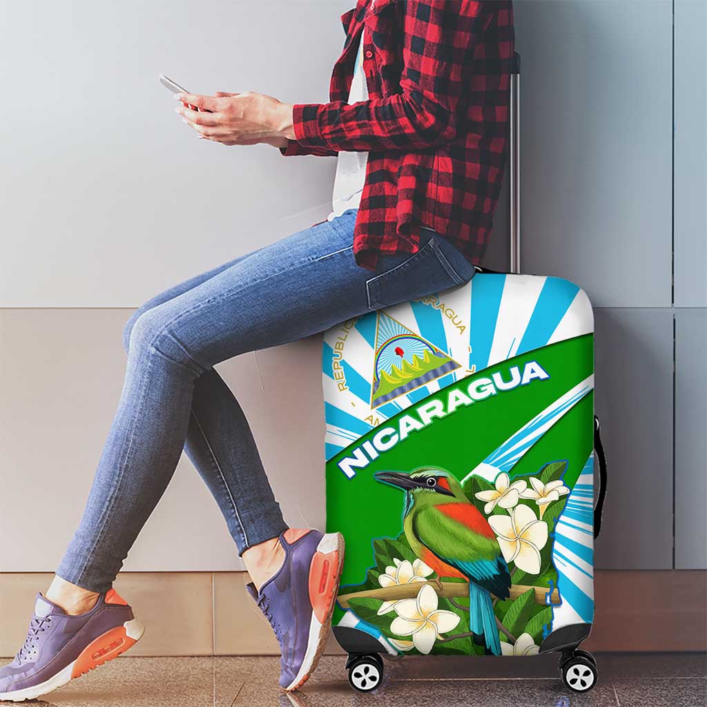 Nicaragua National Bird Luggage Cover with White Flor de Sacuanjoche and Blue Stripe Design TS04