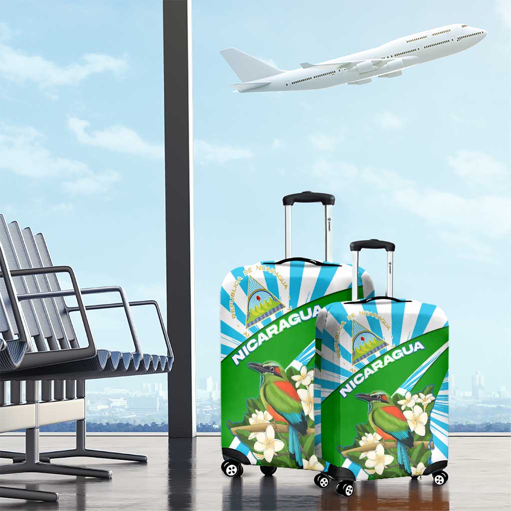 Nicaragua National Bird Luggage Cover with White Flor de Sacuanjoche and Blue Stripe Design TS04