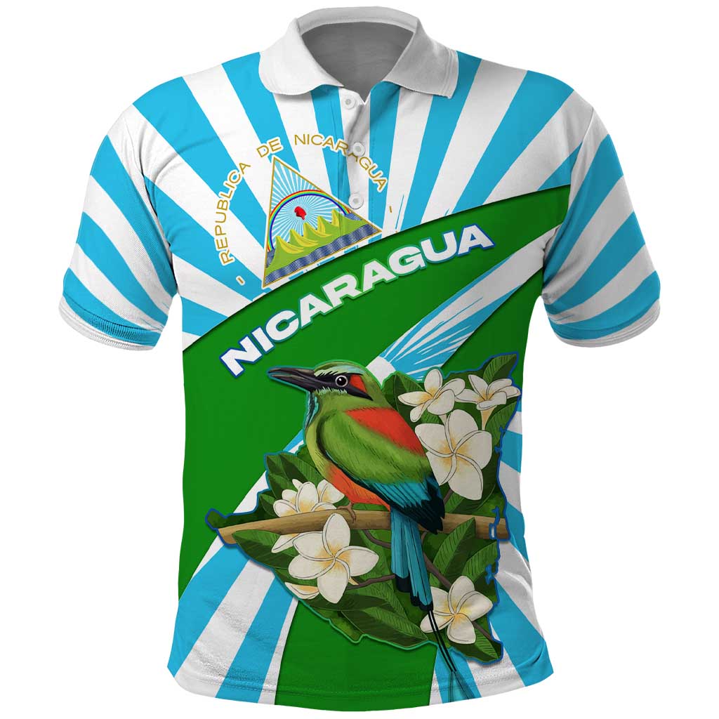 Nicaragua National Bird Polo Shirt with White Flor de Sacuanjoche and Blue Stripe Design TS04