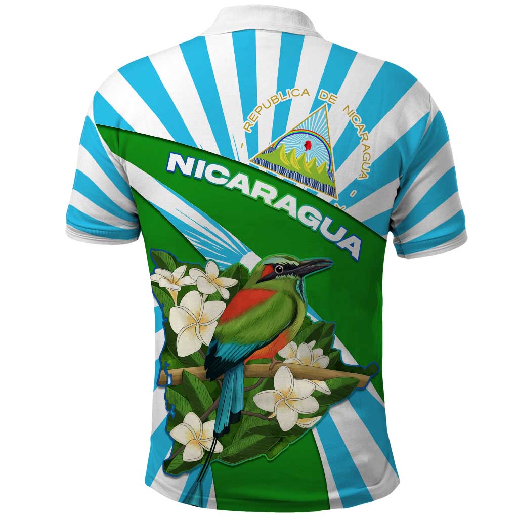Nicaragua National Bird Polo Shirt with White Flor de Sacuanjoche and Blue Stripe Design TS04